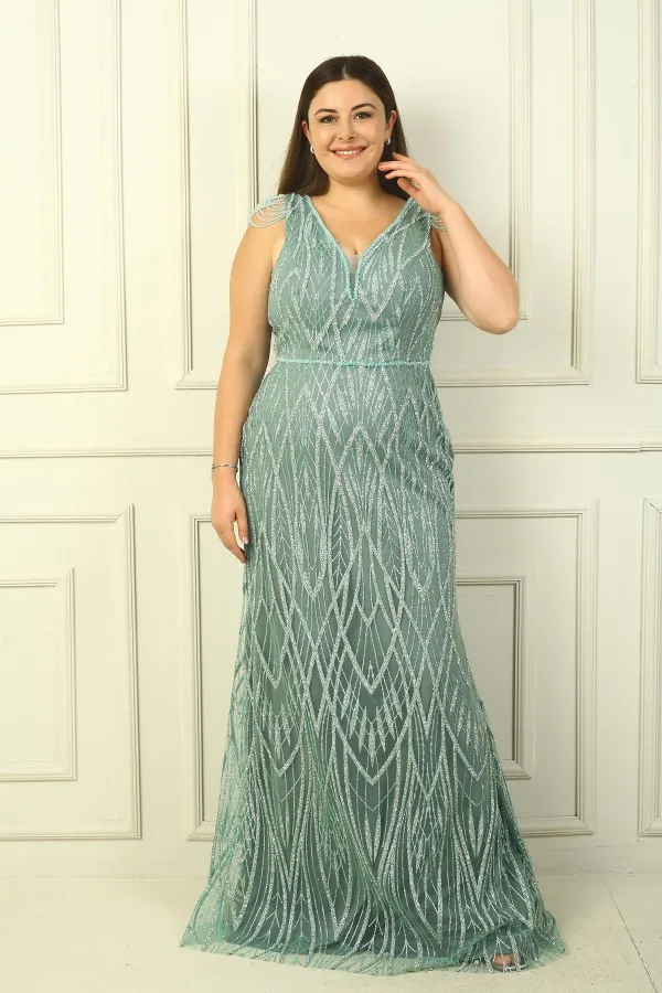 Women's Plus Size Long Dress with Tasseled Shoulders, Lined, and Embellished with Beads and Stones