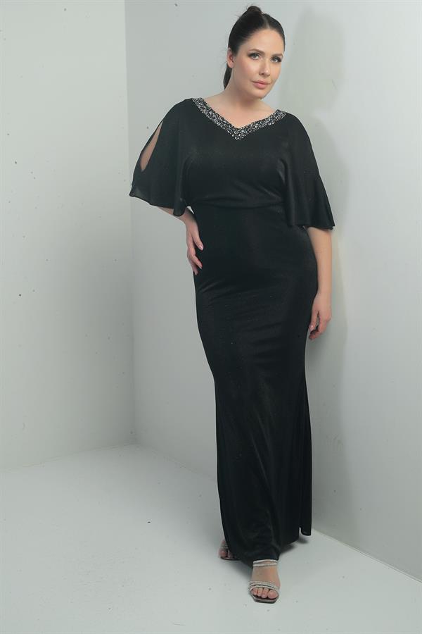 Robe longue pailletée grande taille pour femme, ornée de détails sur le devant et le dos, décolleté en V, doublée, manches chauve-souris et décolleté plongeant.