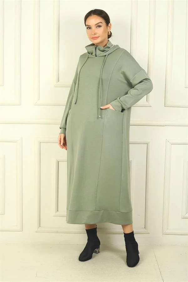 Kadın Yaka Fermuarlı Kapüşonlu Torba Cepli Rahat Kalıp Oysho Uzun  Elbise