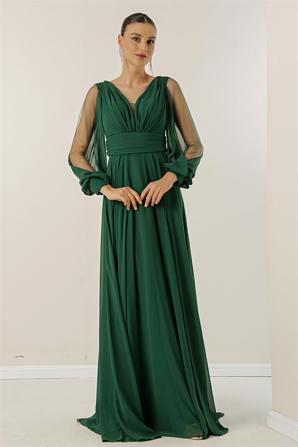 Front Back V Neck Draped Front Sleeves Tulle Lined Wide Body Long Chiffon Dress
