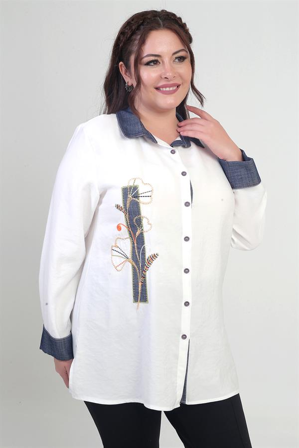 Chemise en lyocell grande taille pour femme avec application en denim brodée sur le devant