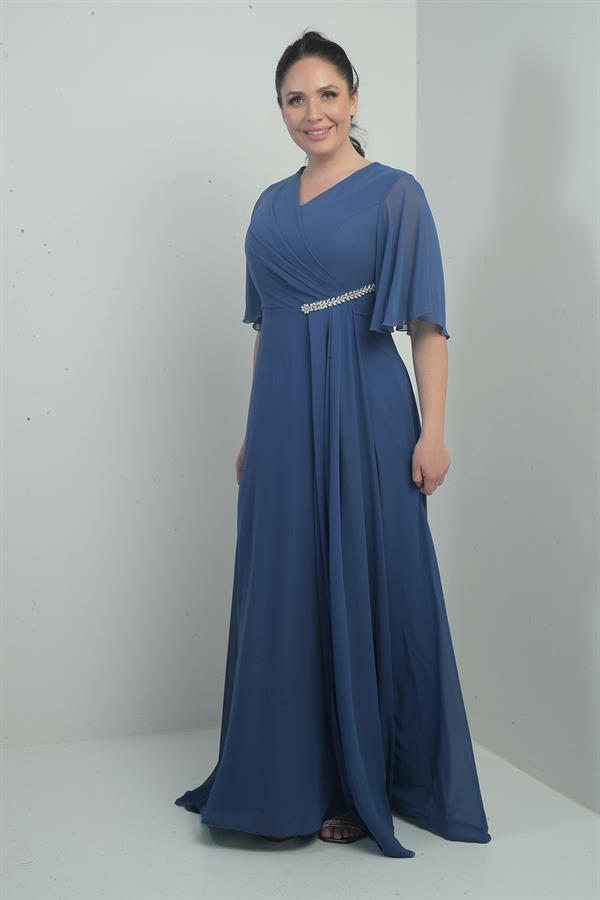 Women's V-Neck, Waistband with Stone Embellishment, Draped, Lined, Plus Size Long Chiffon Dress