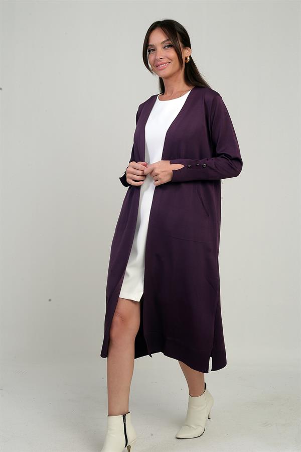 Gilet long pour femme avec manches boutonnées, poches et fentes latérales