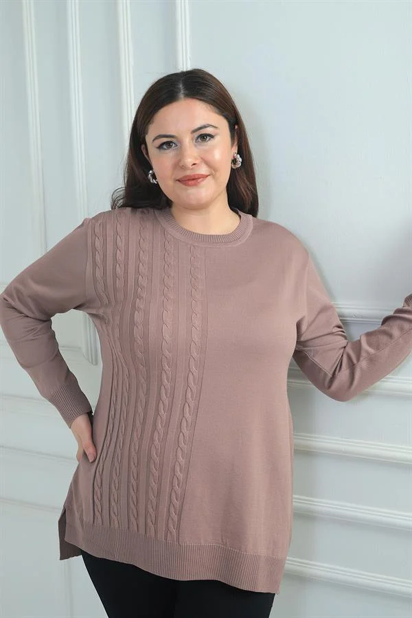 Kadın Tek Taraf Saç Örgülü Büyük Beden Likralı Tunik Bluz