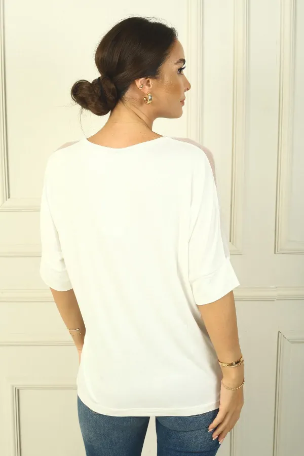 Women's Off-Shoulder Tulle Embroidered Blouse with Rhinestone and Lettering on the Front, Wide Fit