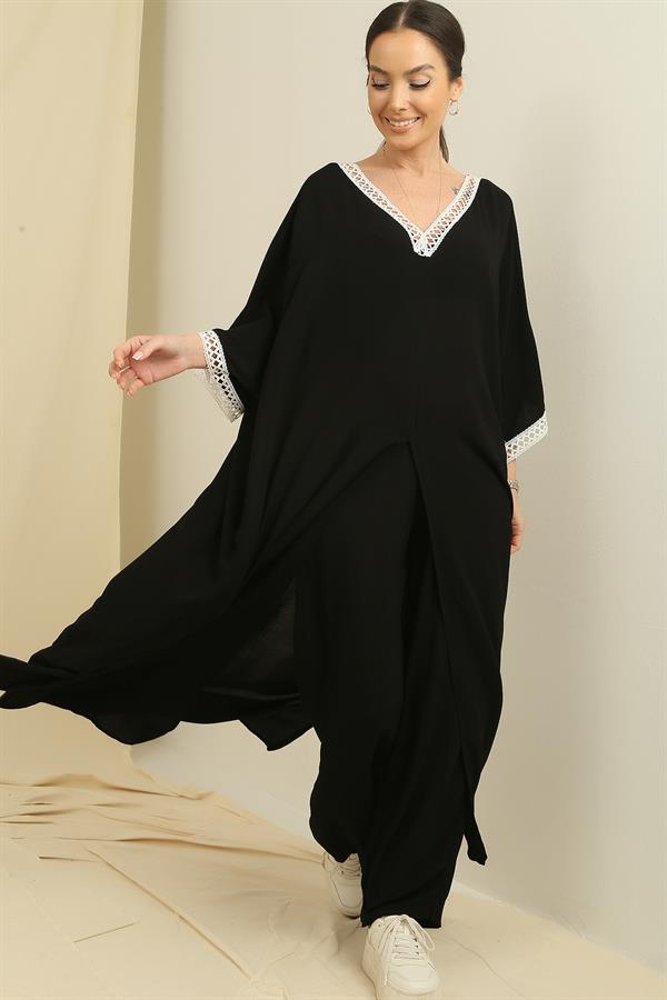 Ensemble 2 pièces oversize en viscose : tunique longue à poches ornée de dentelle et pantalon à taille élastique