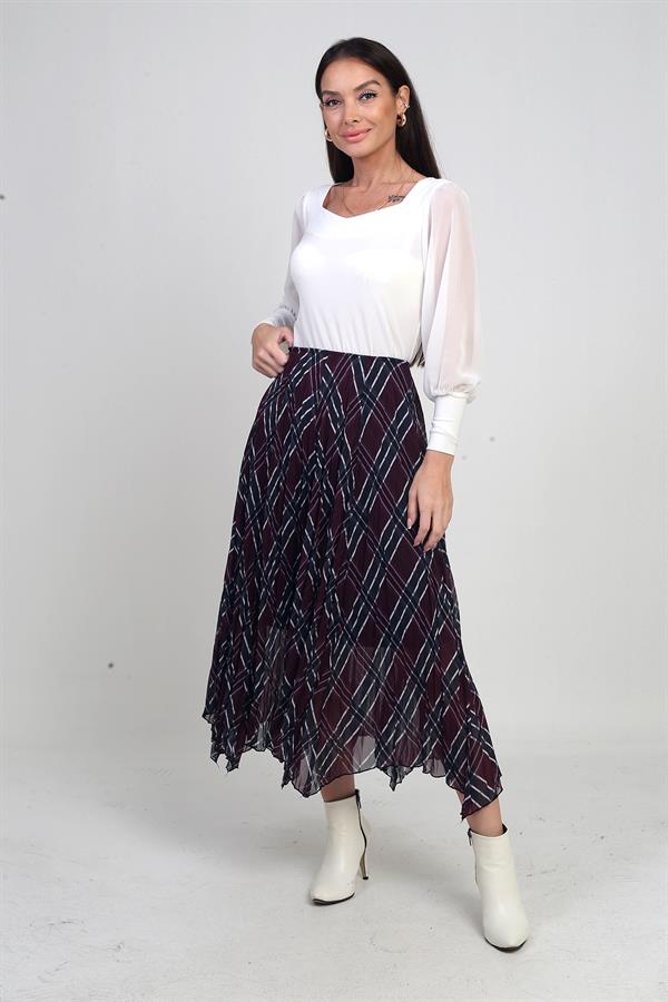 Jupe midi triangle en maille à carreaux doublée et taille élastique pour femme