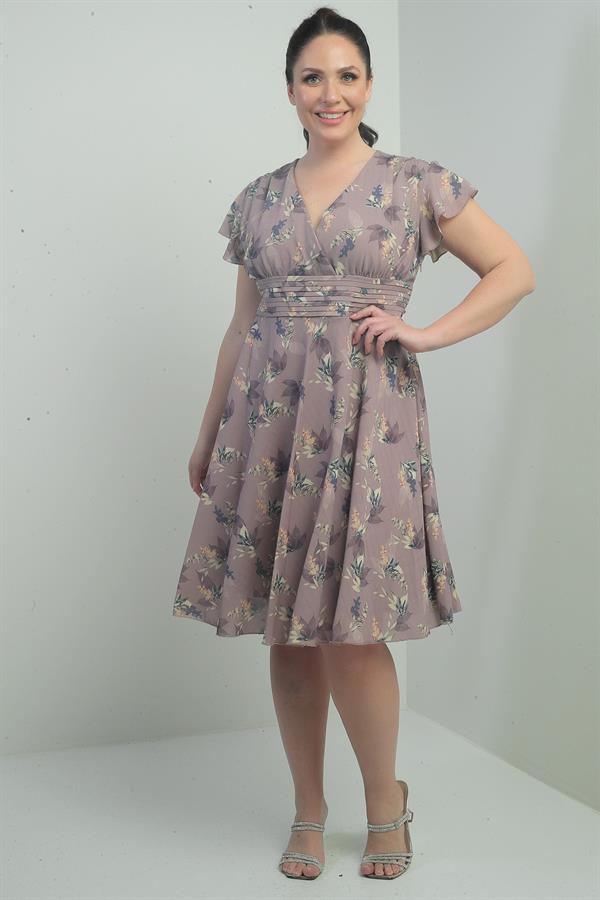 Wrap-neck, ruffled sleeve, lined plus-size printed linen dress.