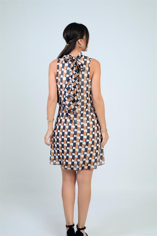 Women's V-Neck Lined Patterned Short Chiffon Dress