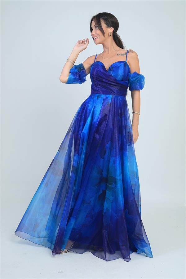 Kadın İnce Askılı takma Kollu Astarlı Çiçekli Organze Uzun Elbise