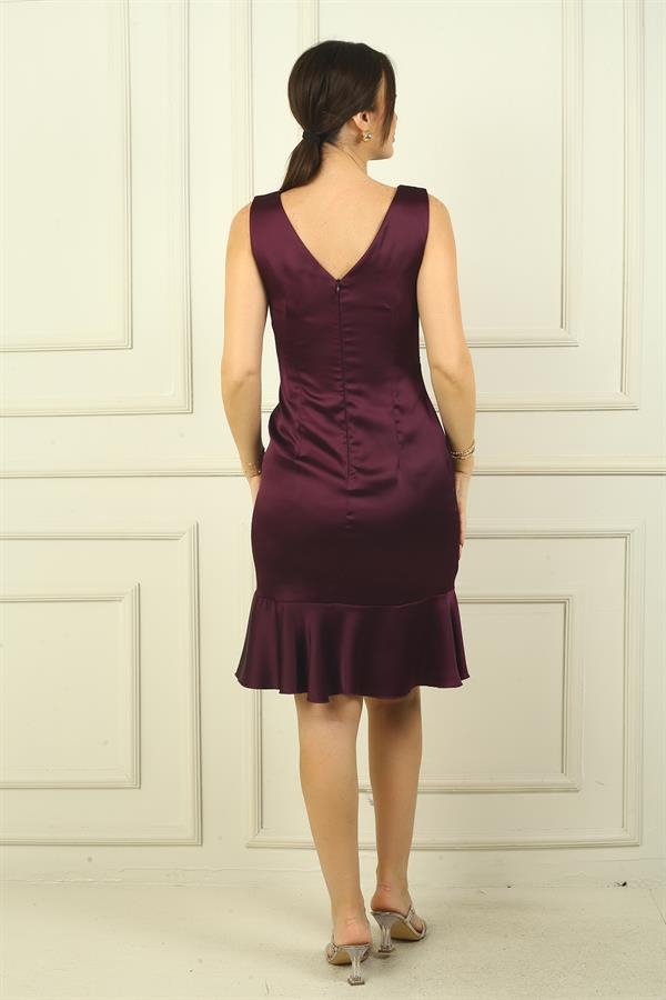 Kadın Kruvaze Yaka Astarlı Önü Drapeli Önü Volanlı Saten Kısa Elbise