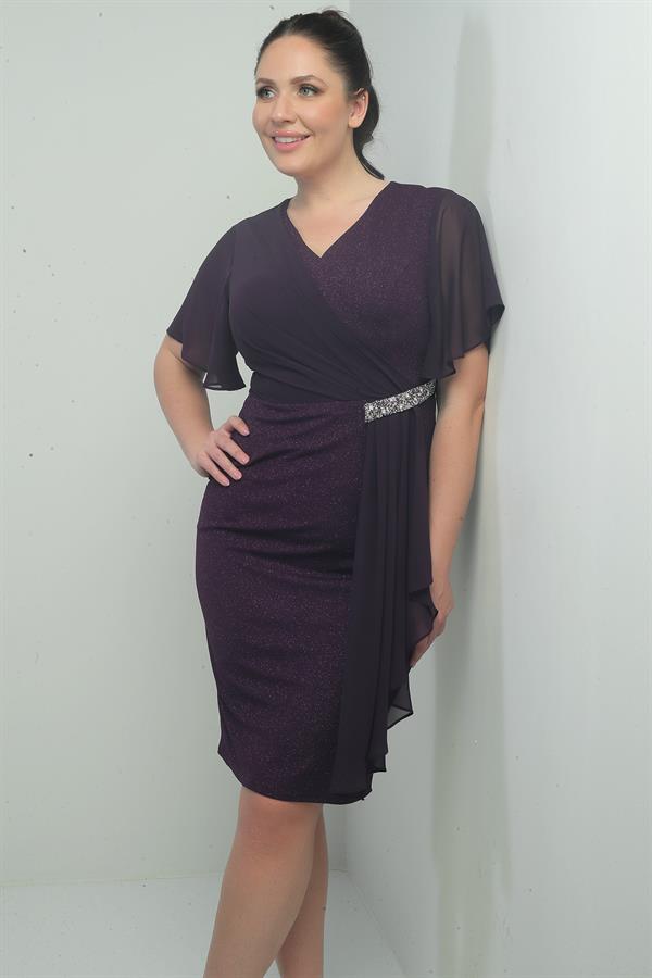 Robe courte grande taille à paillettes, manches en mousseline et ornements latéraux, doublée