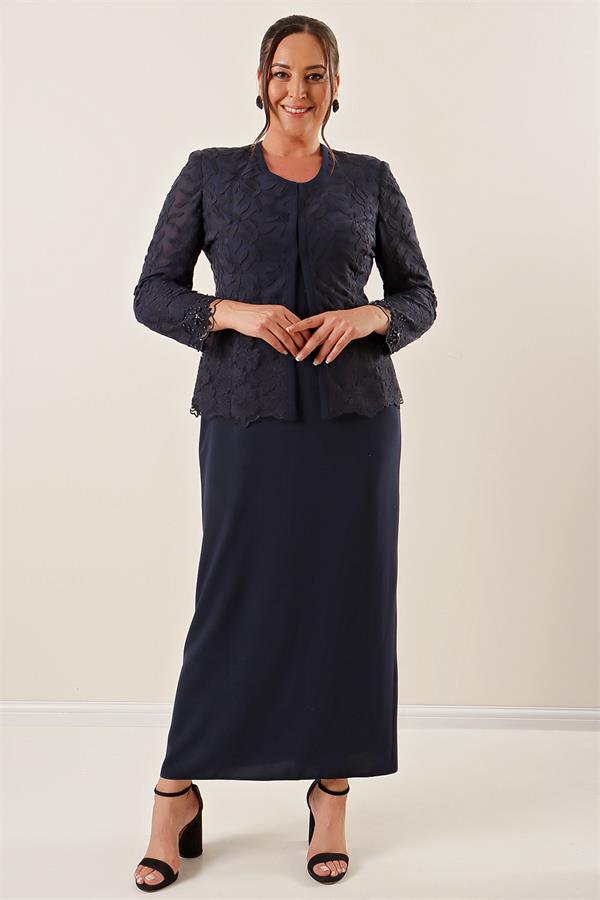 Boncuk İşlemeli Güpürlü Astarlı Elbise Ceket Büyük Beden 2'li Takım