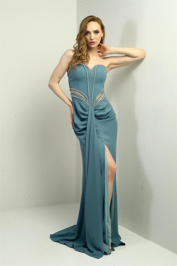 Women's Long Strapless Dress with Beaded Detail and Transparent Lining at the Waist