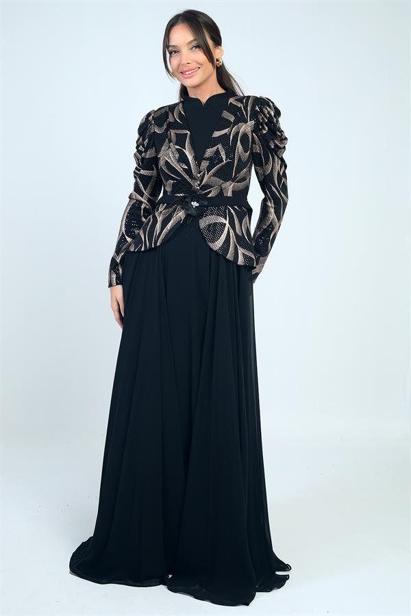 Kolları Büzgülü Güllü KEmer Detaylı Astarlı Üstü Yaldızlı Şifon Elbise