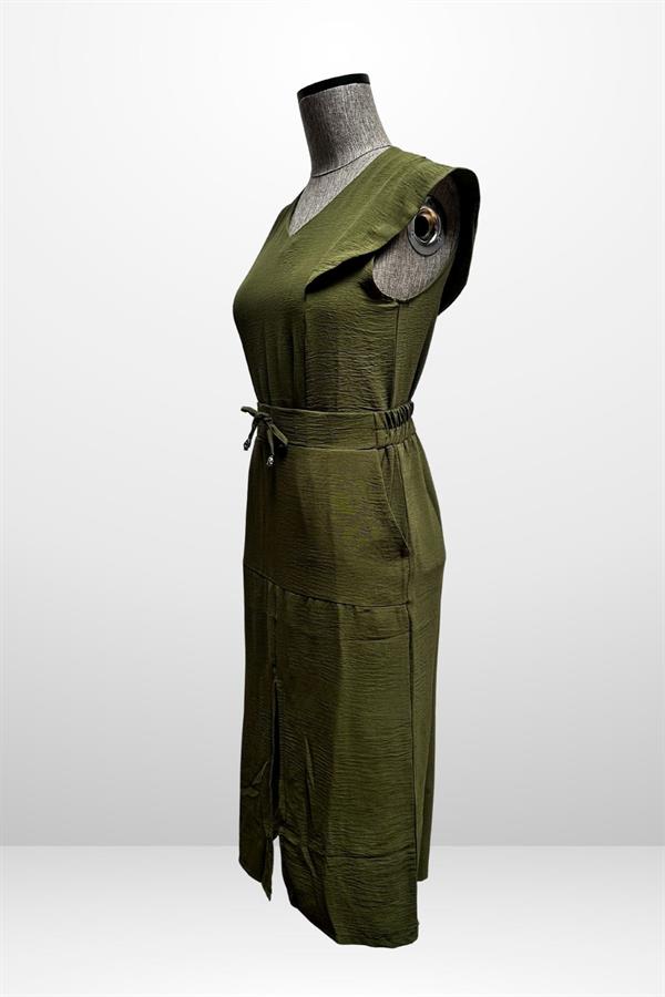 Kadın V Yaka Bluz Beli Lastikli Cepli Önü Yırtmaçlı Etek 2'li Takım