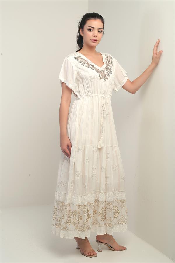 Women's V-Neck Beaded Lined Pocketed Flush Jacquard Long Dress