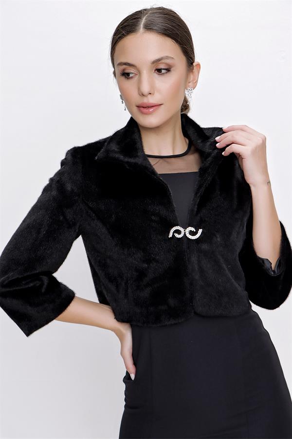 İçi Astarlı Önü Taş Detaylı Tay Tüyü Bolero Kürk Ceket