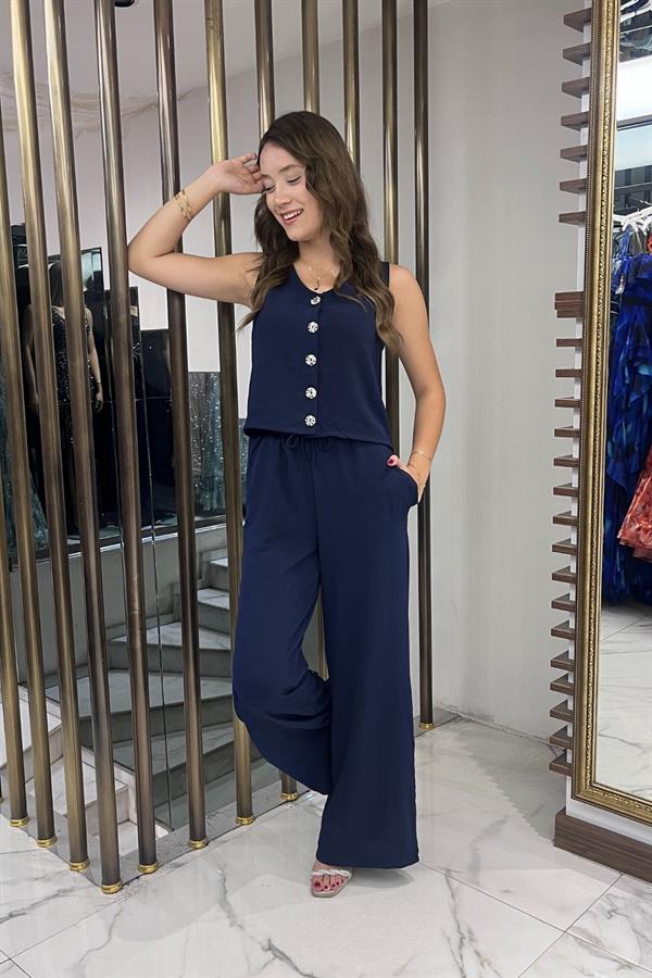 Women's V-Neck Button-Front Blouse, Elastic Waist, Pocketed Palazzo Pants Ayrobin 2-Piece Set