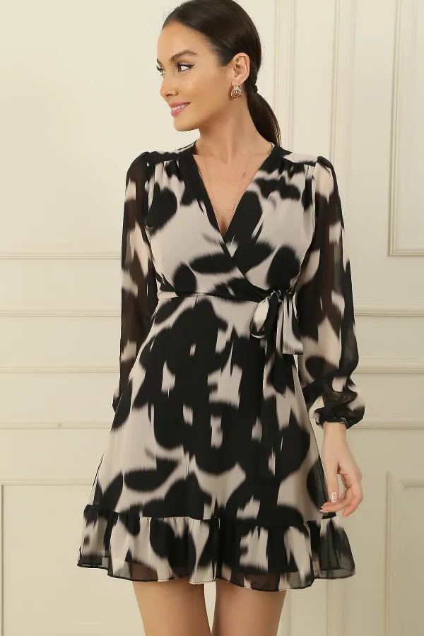 Kruvaze Yaka Yandan Bağlamalı Astarlı Şifon Elbise