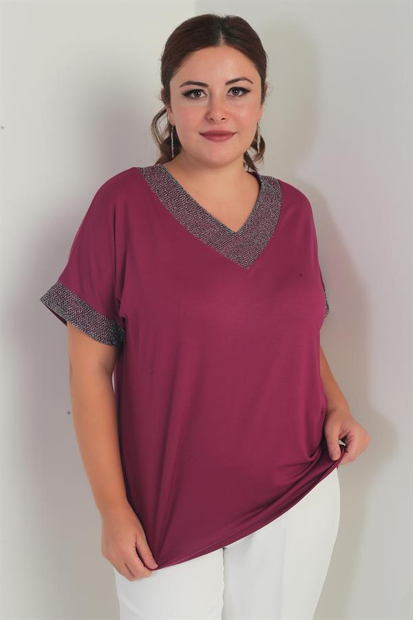 Women's Plus Size Blouse with Glitter Mesh Detail on Collar and Cuffs