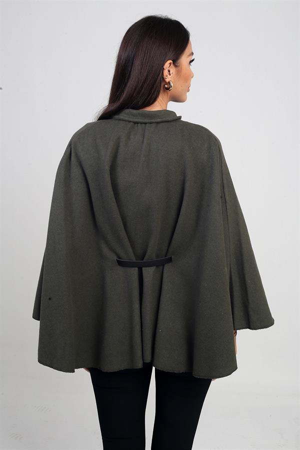 Kadın Düğmeli Beli Kemerli Kaşe Panço