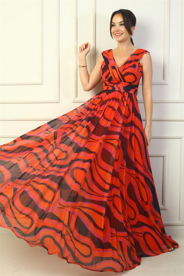 Women's Front and Back V-Neck Lined Abstract Patterned Tulle Long Dress