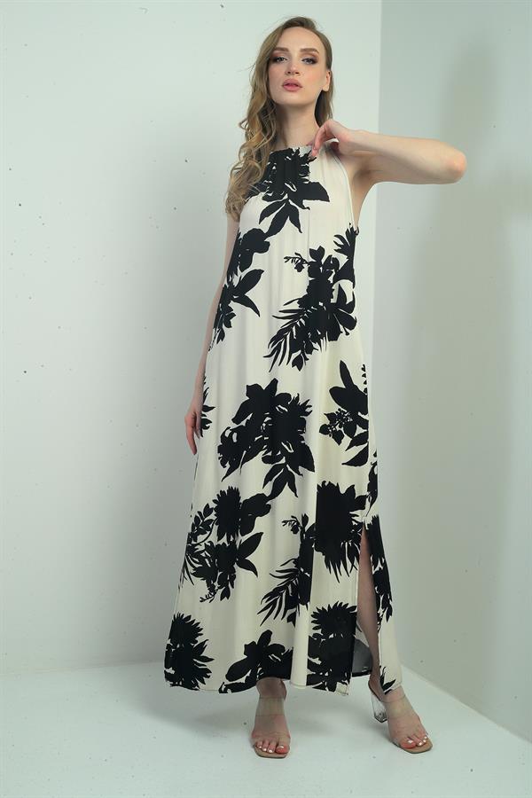 Kadın Halter Yaka Bağlamalı Çiçek Desenli Cepli Uzun Elbise