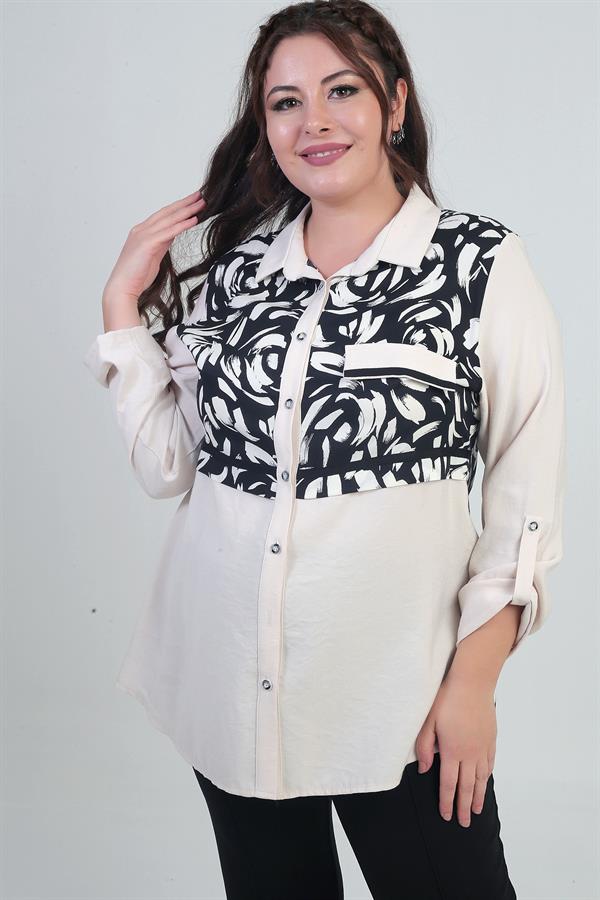 Chemise grande taille pour femme avec manches retroussables, motif brossé et rabats de poche