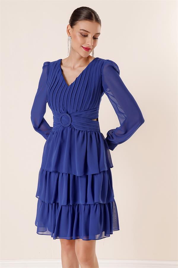 Şifon Gloplu Bel Ve Sırt Dekolteli Kat Kat Elbise