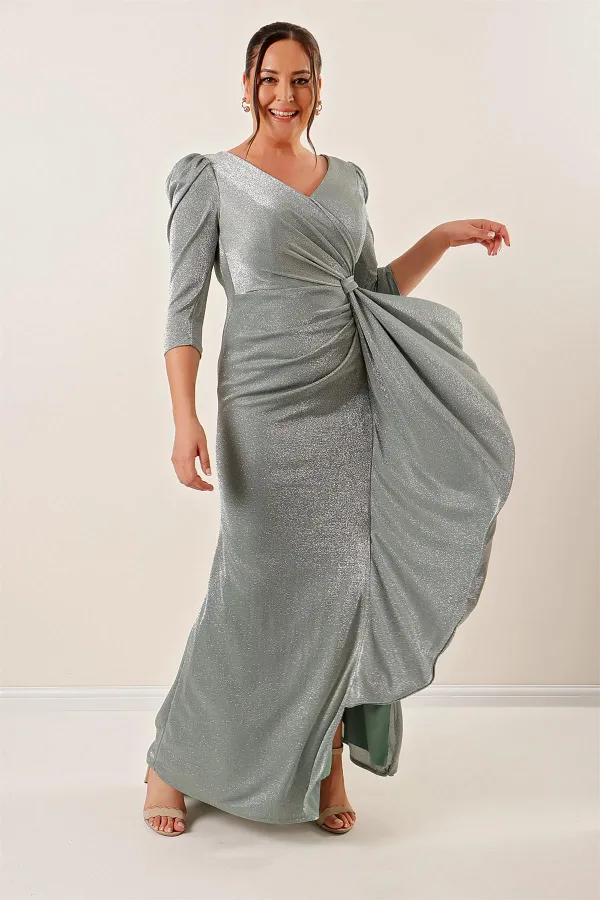 Robe longue pailletée à manches trois-quarts et volants sur le devant, grande taille