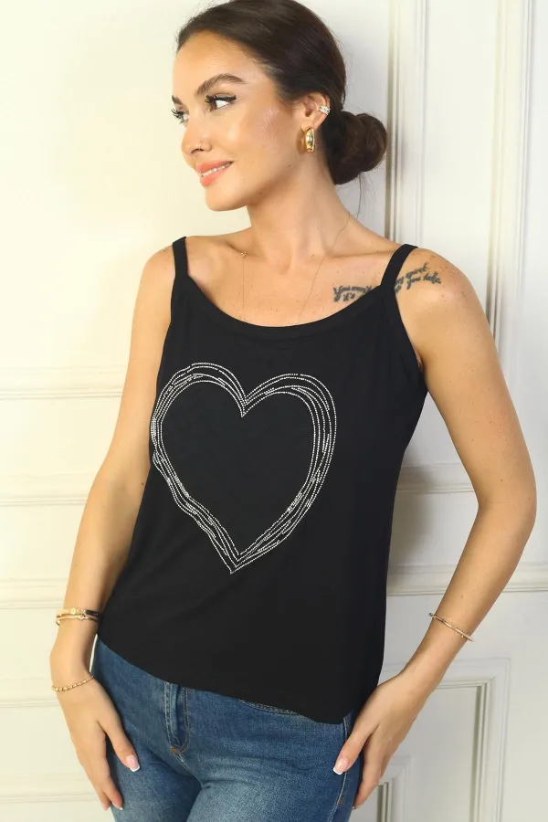 Débardeur femme coupe large à bretelles avec cœur en pierre brodé sur le devant