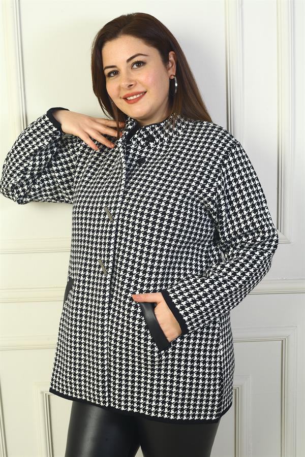 Women's Snap Front Pockets Leather Detail Houndstooth Plus Size Acrylic Cardigan