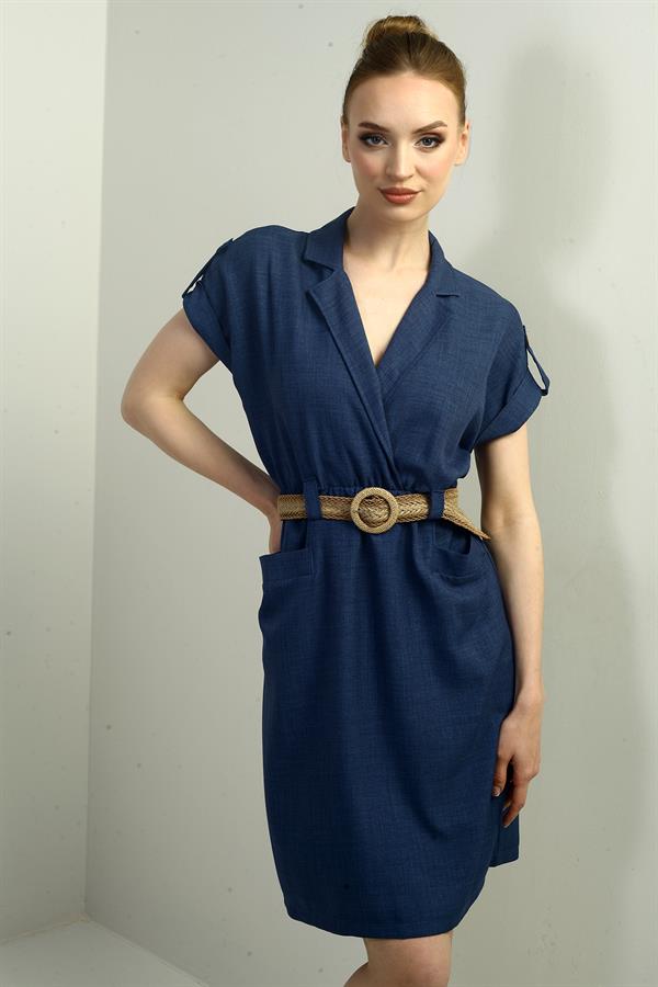 Women's Dress with Patch Pockets and Belt Waist