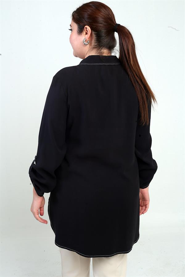 Kadın Kuş Gözlü Fileli Kol Katlamalı Büyük Beden Uzun Gömlek