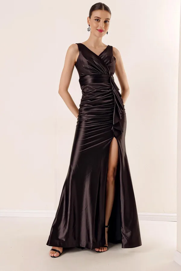 Draped, Flounced Front, Lined, Wide-Size, Long Satin Dress