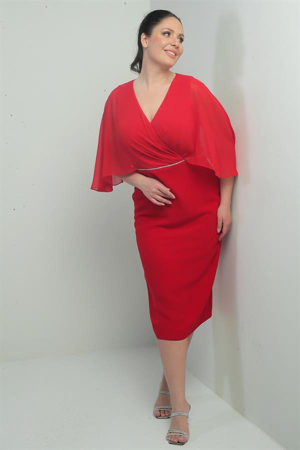 Women's V-Neck Chiffon Draped Lined Plus Size Crepe Midi Dress with Embellished Waist