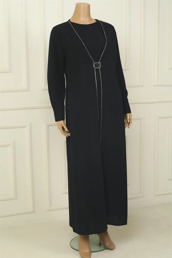 Robe longue en crêpe grande taille pour femme, avec poignets zippés, taille à boucle et ornements en pierre