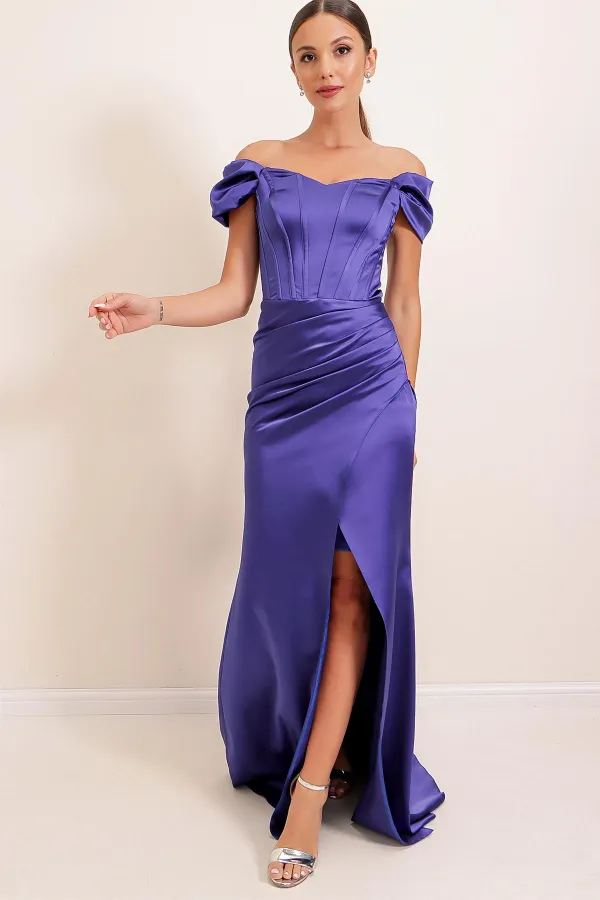 Side Pleated Underwire Lined Long Satin Dress