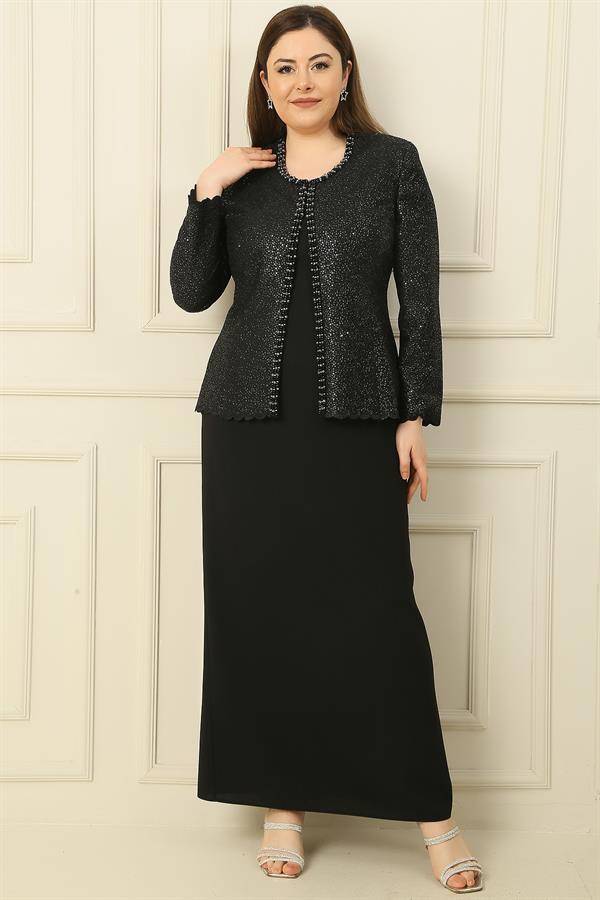 Robe longue en crêpe avec col et doublure ornés, veste à sequins, ensemble 2 pièces grande taille