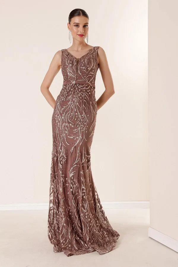 V Yaka Astarlı Simli Flok Baskı Uzun Elbise