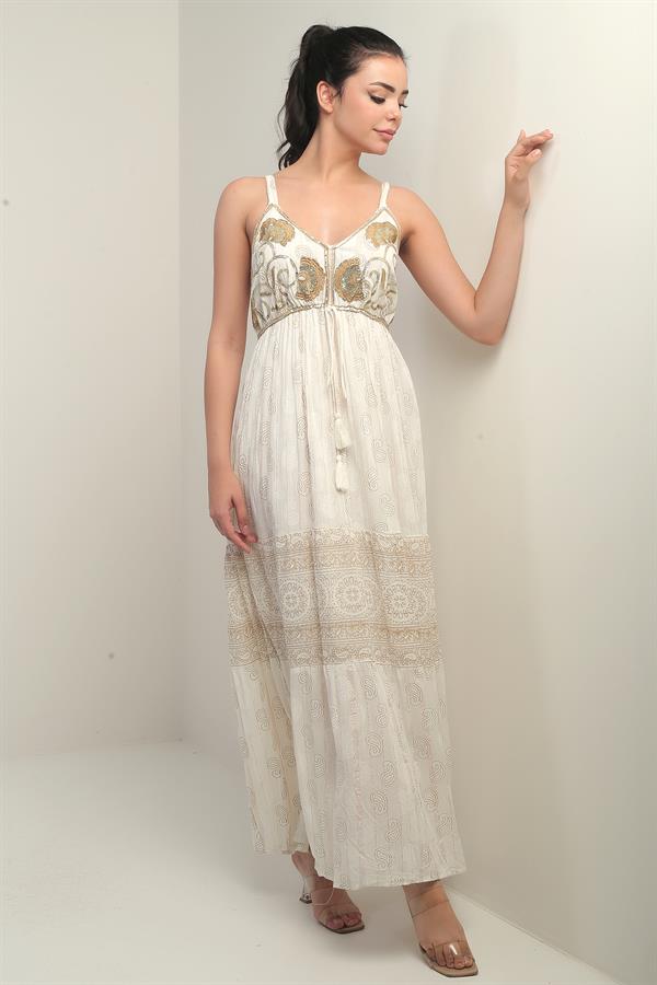 Women's Strappy V-Neck Backless Lined Shimmering Shawl Patterned Pocketed Flush Jacquard Dress