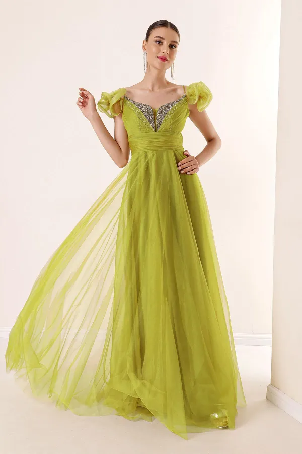 Front Back V Neck Rope Straps Low Sleeves Front Stone Detailed Lined Long Tulle Dress