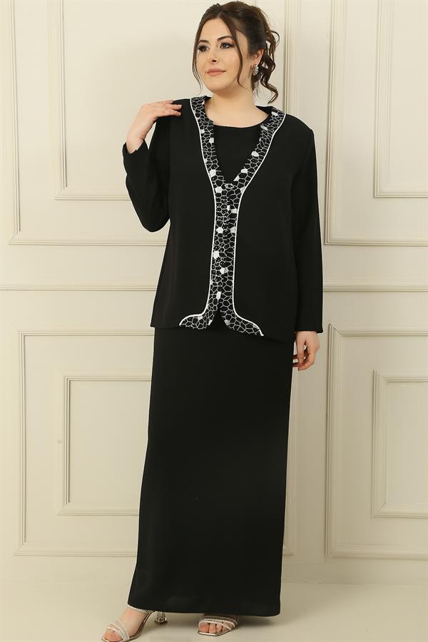 Robe longue sans manches doublée avec veste à sequins métallisés, ensemble 2 pièces en crêpe grande taille