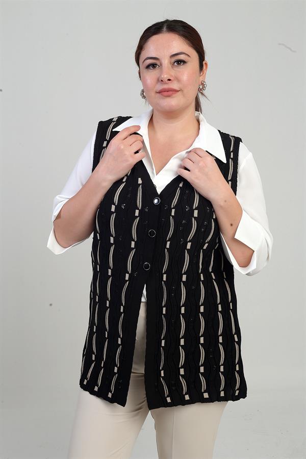 Kadın Önü Düğmeli Ajurlu Büyük Beden Triko Yelek