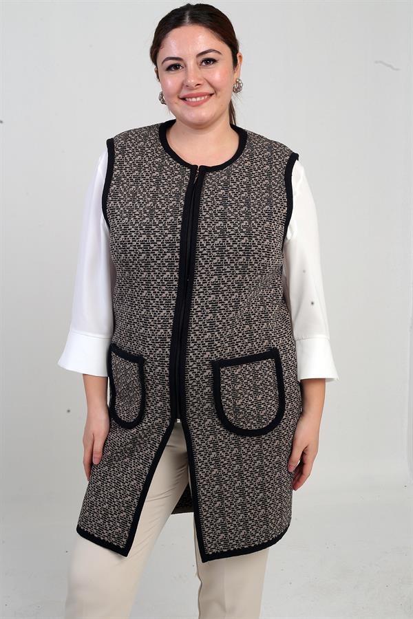 Gilet long en maille grande taille pour femme, avec fermeture éclair sur le devant et motif de poche