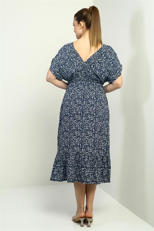 Kadın Ön Arka V Yaka Yarasa Kollu Mini Çiçekli Cepli Fırfırlı Elbise