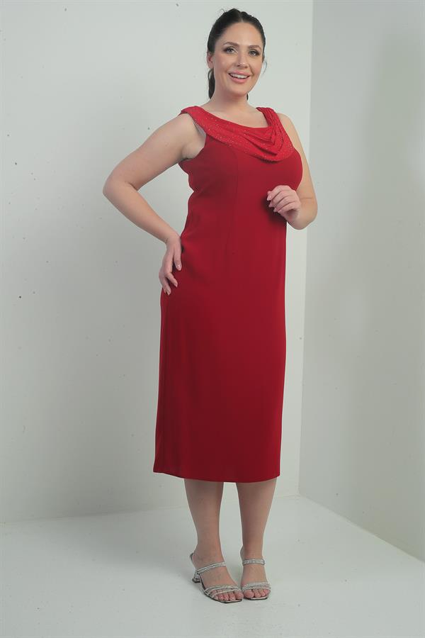 Plus Size Crepe Midi Dress with V-Neck and Stone Embellishments, Lined