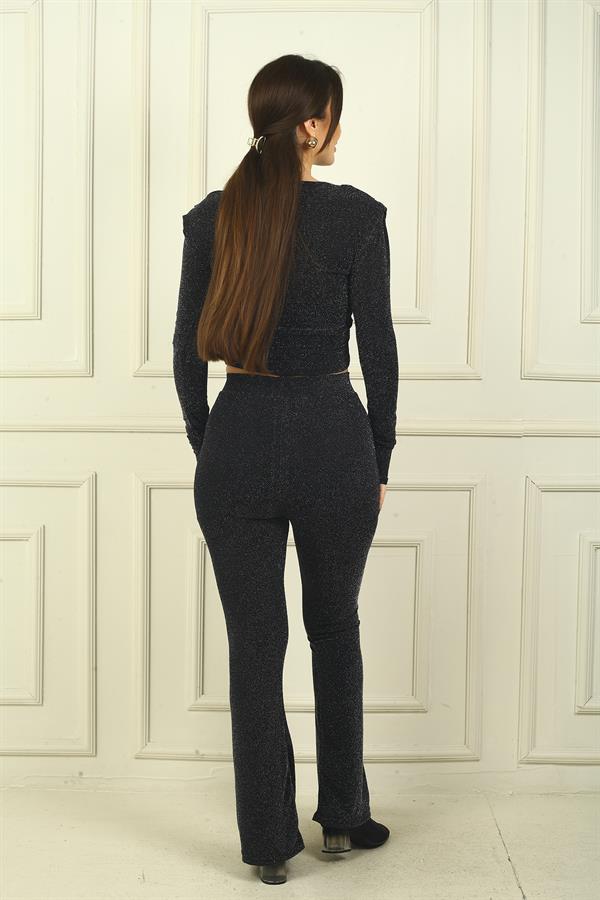 Women's Elastic Waist Half-Lined Flare-Front Glitter Trousers