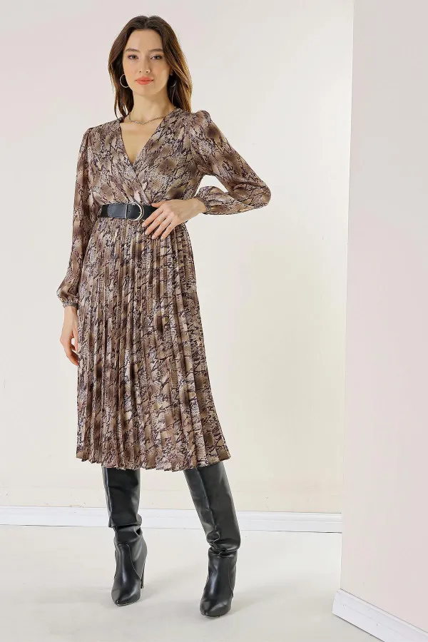 Double-Breasted, Belted, Lined, Snake Patterned Pleated Satin Dress